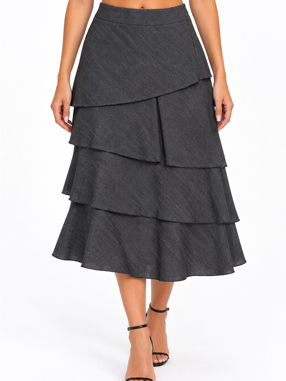 Sandro Charcoal Tiered Midi Skirt